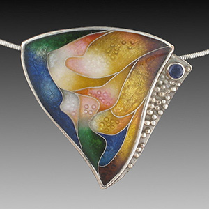 Sheila Beatty's graceful triangle cloissone pendant set in sterling silver with sapphires